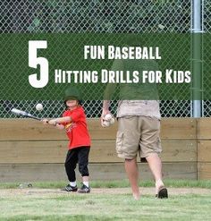 a young boy swinging a baseball bat at a ball on a field with the words fun baseball hitting drills for kids