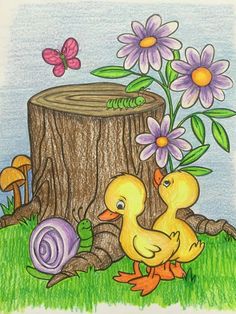 a child's drawing of two ducks near a tree stump with flowers in the background