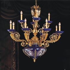 a fancy chandelier with blue and gold decorations