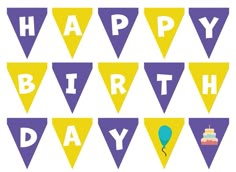 birthday buntings with balloons and cake on them, all in purple and yellow