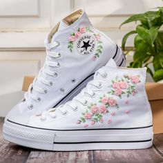 Custom Embroider Platform Sneakers Wedding, Bridal Flowers Embroidered Converse for Bride, Rose Flower Embroidered Converse, Romantic Wedding 💚 Immerse yourself in the intricate craftsmanship as we lovingly hand embroider rustic flowers onto your chosen Converse pair ��💚 🌿 The listed price encompasses both the Converse Shoes and the showcased Embroidery Designs. 1. MANUFACTURING PROCEDURE 🌿 Upon receiving your order, we initiate the shoe preparation process. If your chosen shoes are readily av Platform Converse Wedding, Converse Chuck 70s, Converse Wedding, Bridal Converse, Embroidered Sneakers, Shoes For Bride, Embroidered Converse, Cute Converse, Wedding Converse