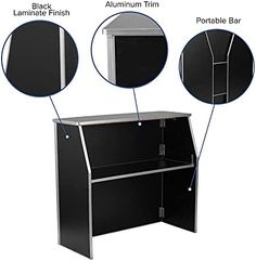 an image of a black and white cabinet with three sections labeled in the description below