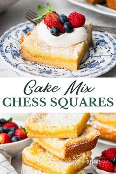 cake mix cheese squares stacked on top of each other with berries and powdered sugar