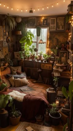 a room filled with lots of plants and pictures on the wall next to a window