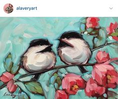 two birds sitting on top of a branch with flowers in front of the screen and an instagram message below