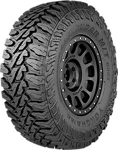 an all terrain tire with black spokes and chrome wheels