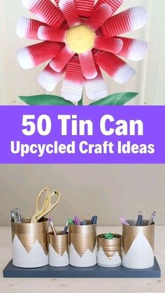 several tin can crafts with the words 50 tin can upcycled craft ideas on them