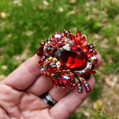 Red Rhinestone Brooch or Flat Back Embellishment Red and Gold Tone Ornate Red Pin AB Crystal Broach Red Brooch Jewelry For Valentine's Day, Crystal Costume Jewelry Brooches For Gifts, Red Valentine's Day Brooch, Red Costume Jewelry Brooch, Red Brooch For Jewelry Making, Red Rhinestone Brooches For Wedding, Red Rhinestone Wedding Brooches, Costume Jewelry Bling Brooches For Gifts, Bling Costume Jewelry Brooches For Gifts