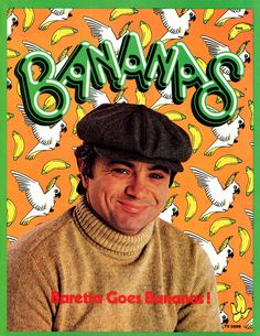 a man wearing a hat and sweater on the cover of banana's, with birds in the background