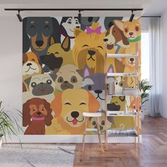 a wall mural with dogs on it in a living room, including a ladder and chair