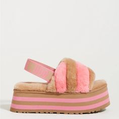 Nwot! Ugg Disco Chestnut Pink Stripe Platform Slide Slipper Fluff Size 7 Black Ugg Slippers, Ugg Dakota Slippers, Waterproof Uggs, Ugg Booties, Ugg Tasman Slippers, Black Ugg Boots, Shearling Slippers, Black Uggs, Black Slippers