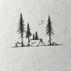 a drawing of a tent in the woods