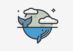 a whale floating in the ocean with clouds and stars on it's back end