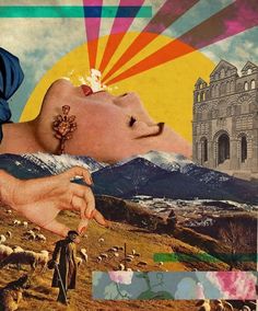 a collage of an image of a woman's face and hands with sheep in the background