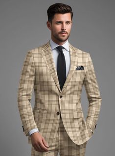 Reinvigorate your jacket assortment with our trendy and sophisticated Noble Beige Check  Wool Silk Linen Jacket. Expertly tailored using fusion of wool blend fabric, its tasteful brown check pattern elegantly sprawls over a soft beige canvas, offering a visual depth that captures attention while maintaining an air of understated refinement. Ideal for a variety of occasions, from office meetings to casual outings and even parties, its versatile design ensures you look impeccably dressed no matter Tailored Timeless Plaid Blazer, Elegant Plaid Sport Coat With Welt Pockets, Elegant Plaid Sport Coat With Suit Collar, Elegant Plaid Sport Coat For Business, Luxury Plaid Tweed Jacket With Welt Pockets, Luxury Plaid Tweed Jacket For Office, Beige Tweed Jacket With Lapel Collar For Semi-formal Occasions, Luxury Plaid Tweed Office Jacket, Plaid Tailored Tweed Jacket For Semi-formal Occasions