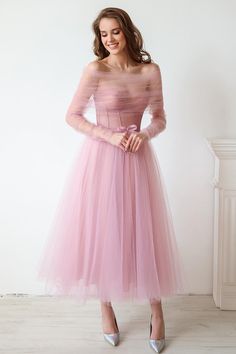 Mademoiselle Tea Length Tulle Midi Dress – JewelClues Dreamy Tulle Dress, Tulle Midi Dress Formal, Long Flowy Sleeve Dress, Pink Cocktail Dress With Sleeves, Tea Length Pink Dress, Long Sleeve Tea Length Dress, Blush Pink Tulle Dress, Cocktail Midi Dress With Sleeves, Tool Dress Tulle