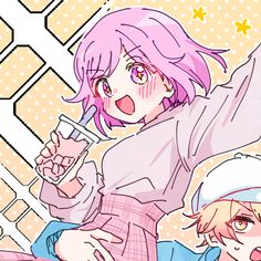 two anime characters one with pink hair and the other holding a glass in her hand