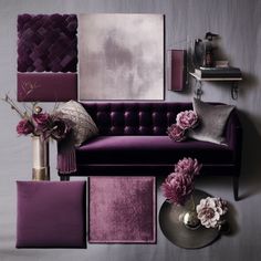 a living room filled with purple furniture and decor