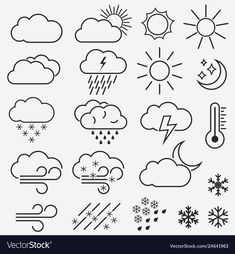 the weather icon set includes different types of clouds, sun and snowflakes