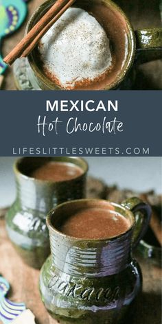 mexican hot chocolate in mugs with cinnamon sticks