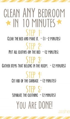 a sign that says clean any bedroom in 10 minutes, with instructions for the steps