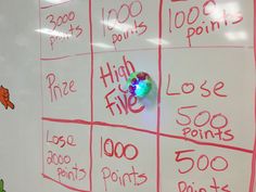 a white board with writing on it that says high five points, 100 points, 500 points and 200 points