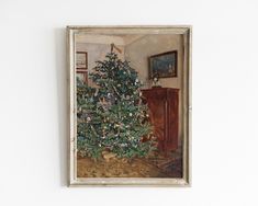 a painting of a christmas tree in a living room