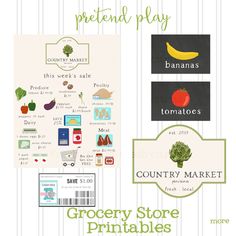 grocery store printables for pretend play with banana, tomatoes, broccoli and more