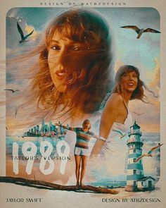 an old movie poster with a woman in front of a lighthouse and seagulls