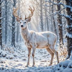 a white deer standing in the middle of a snowy forest