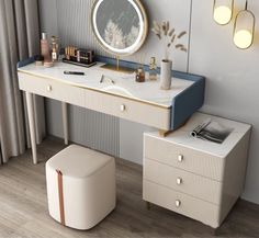 a dressing table with two stools and a mirror on the wall next to it