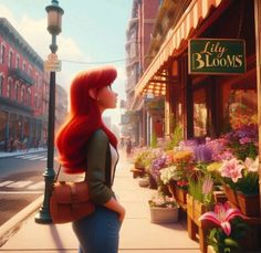 the little mermaid is standing in front of a flower shop and looking into the distance