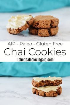 two cookies with cream cheese on top and the words, app pale gluten free chai cookies