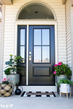 a black front door with potted plants on the side