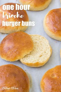 one hour brioche burger buns on a baking sheet with text overlay