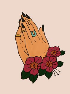 two hands with rings and flowers on their fingers