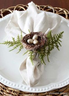 a white plate topped with a bird's nest on top of a cloth napkin