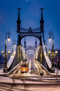 a train traveling over a bridge in the snow at night with street lamps on either side