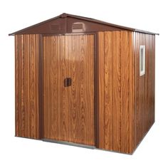 a wooden shed with the door open and windows on it's side, against a white background