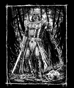 a black and white drawing of darth vader standing in the woods with two swords