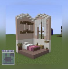 a minecraft bedroom with a bed and desk in the corner, next to a window