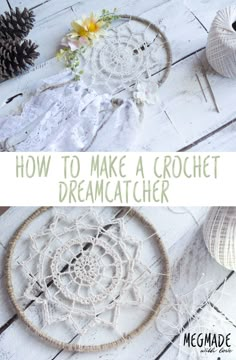 a crochet dream catcher is shown with pine cones and yarn