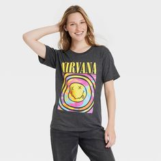 This Women's Nirvana Graphic T-Shirt helps you slay the casual look. With its colorful graphic print on the front, this tee helps you switch from a laid-back look during the day to a lounging essential at night. Its soft fabric makes it a go-to staple throughout the year. Don this women's Nirvana short sleeve graphic t-shirt to enjoy unparalleled comfort and flair. Nirvana Tee, Grunge Shorts, Nirvana Shirt, Boyfriend T Shirt, Vintage Shirt, Smile Face, Preppy Outfits, Nirvana, Graphic Shirts