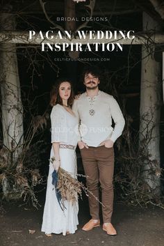 a man and woman standing next to each other in front of some trees with the words pag an wedding inspiration