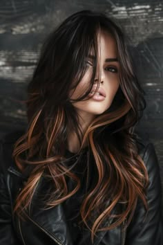 Dark Caramel Balayage Honey, Black Hair With Caramel Balayage, Brown To Caramel Balayage, Black Hair With Peekaboo Highlights, Black Hair With Caramel Highlights, Curly Dark Brown Hair, Long Layered Hair With Side Bangs, Curly Brunette, Brown Hair Ideas