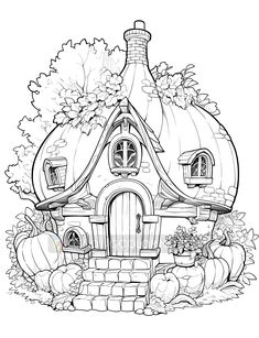 a house with pumpkins and leaves around it