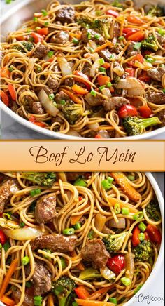 beef lo mein with vegetables in a white bowl