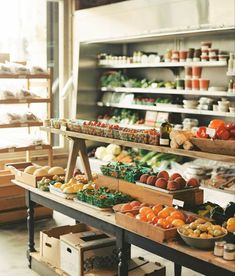 an assortment of fruits and vegetables on display in a store