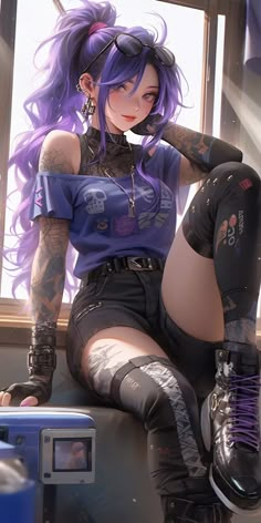 a woman with purple hair and tattoos sitting on a window sill next to a suitcase