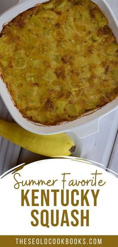 a close up of a casserole in a pan with a banana on the side